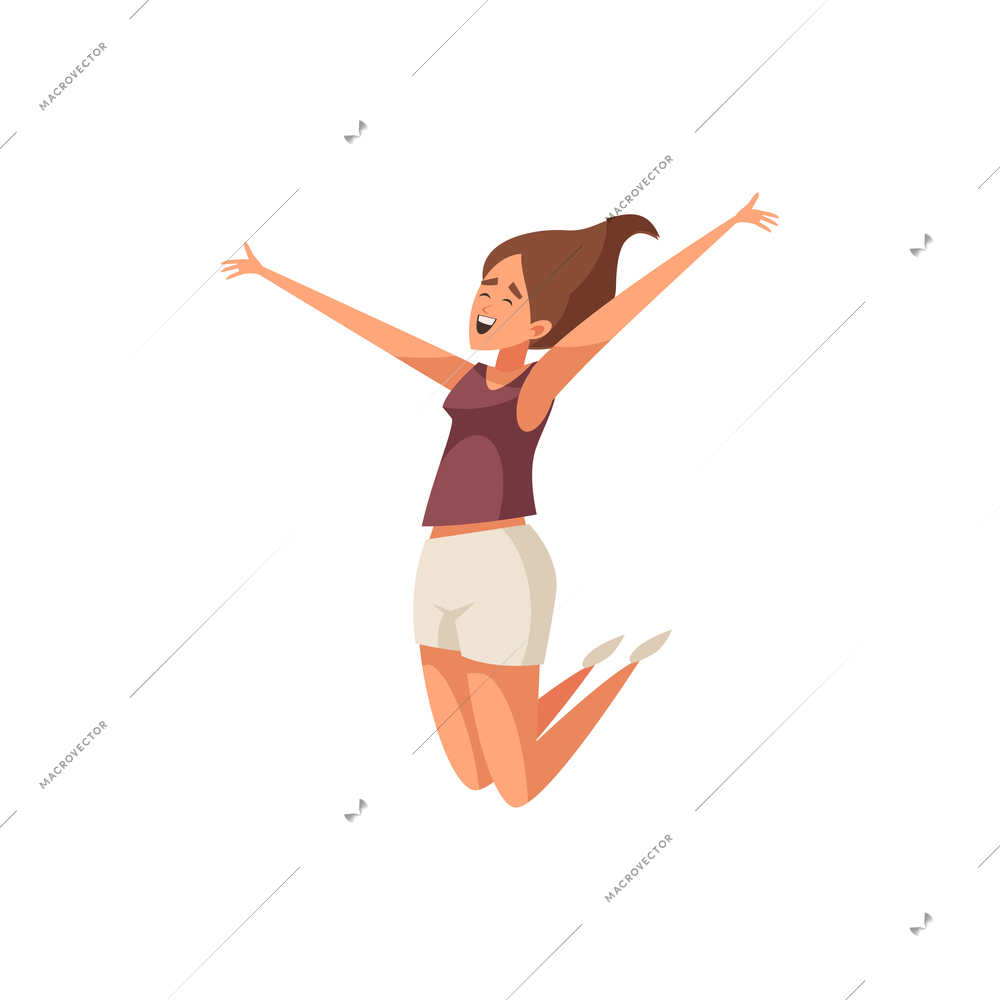 Leaping with joy young woman on white background flat vector illustration