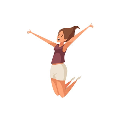 Leaping with joy young woman on white background flat vector illustration