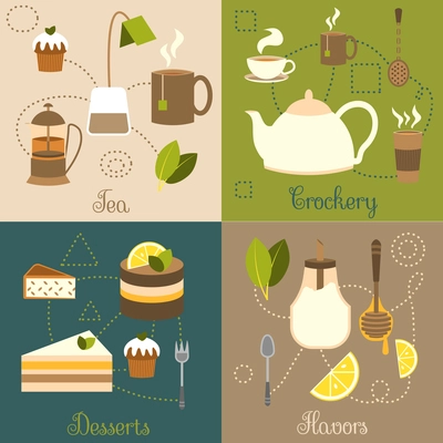 Tea crockery desserts flavors flat set isolated vector illustration