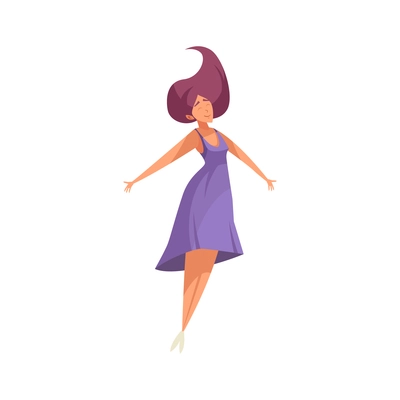 Smiling woman in dress jumping with happiness flat vector illustration