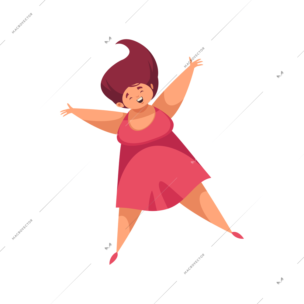 Positive chubby lady jumping with joy flat vector illustration