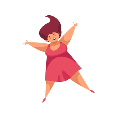 Positive chubby lady jumping with joy flat vector illustration