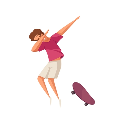 Flat icon of joyful teen with skateboard jumping and dancing vector illustration