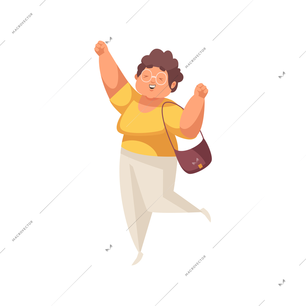 Flat icon of happy plump woman in glasses leaping with joy vector illustration