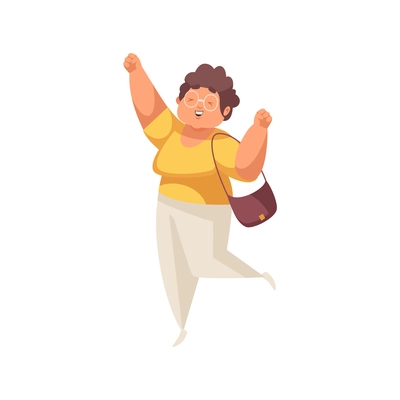 Flat icon of happy plump woman in glasses leaping with joy vector illustration