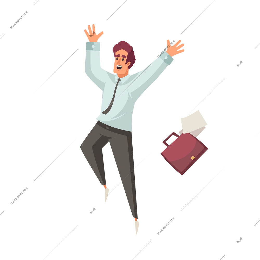 Male human character in tie jumping with happiness flat vector illustration