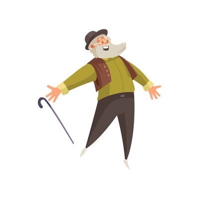 Joyful elderly man with stick and glasses jumping flat vector illustration