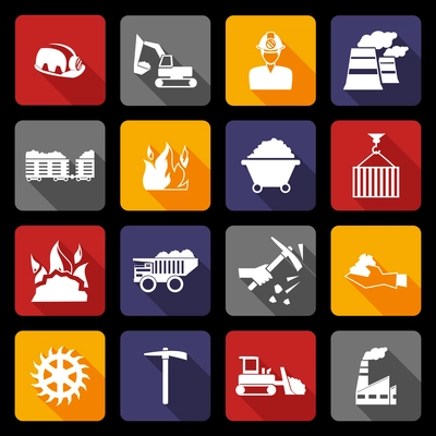 Coal machinery factory mining industry warehouse flat icons set isolated vector illustration