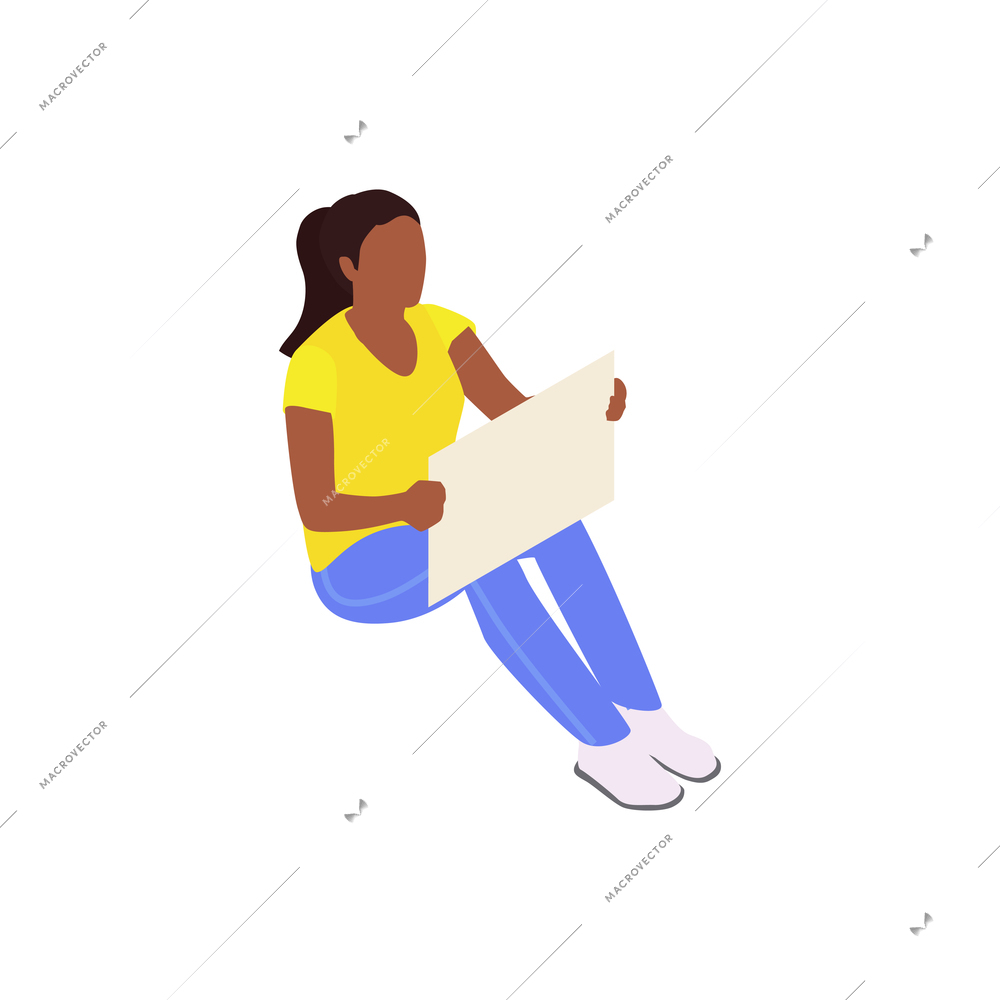 Black woman protester with poster in hands 3d isometric vector illustration