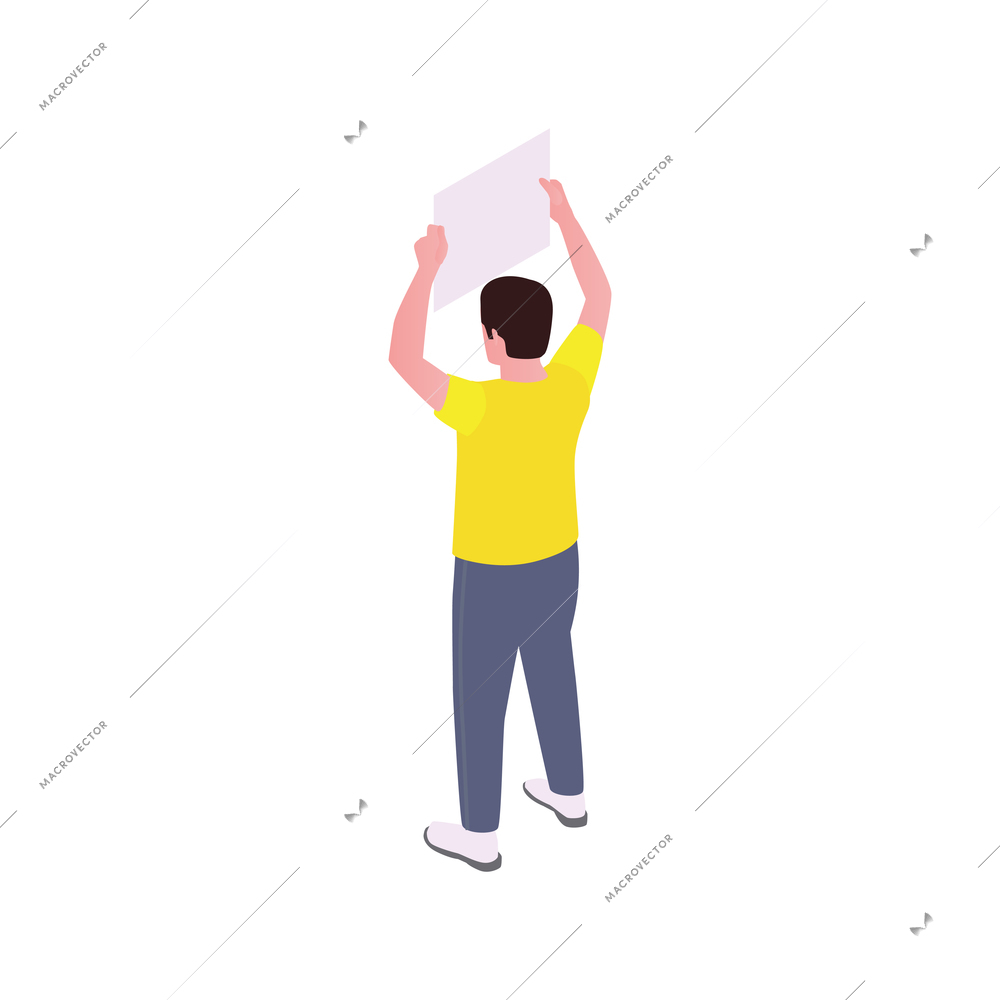 Isometric public protest icon with man holding poster above his head 3d vector illustration