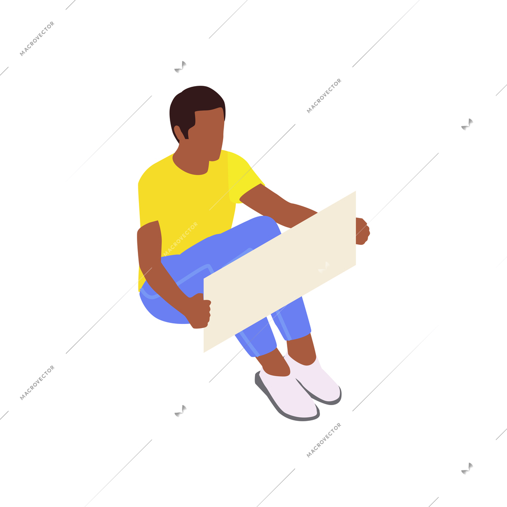 Demonstration isometric icon with man holding blank poster 3d vector illustration