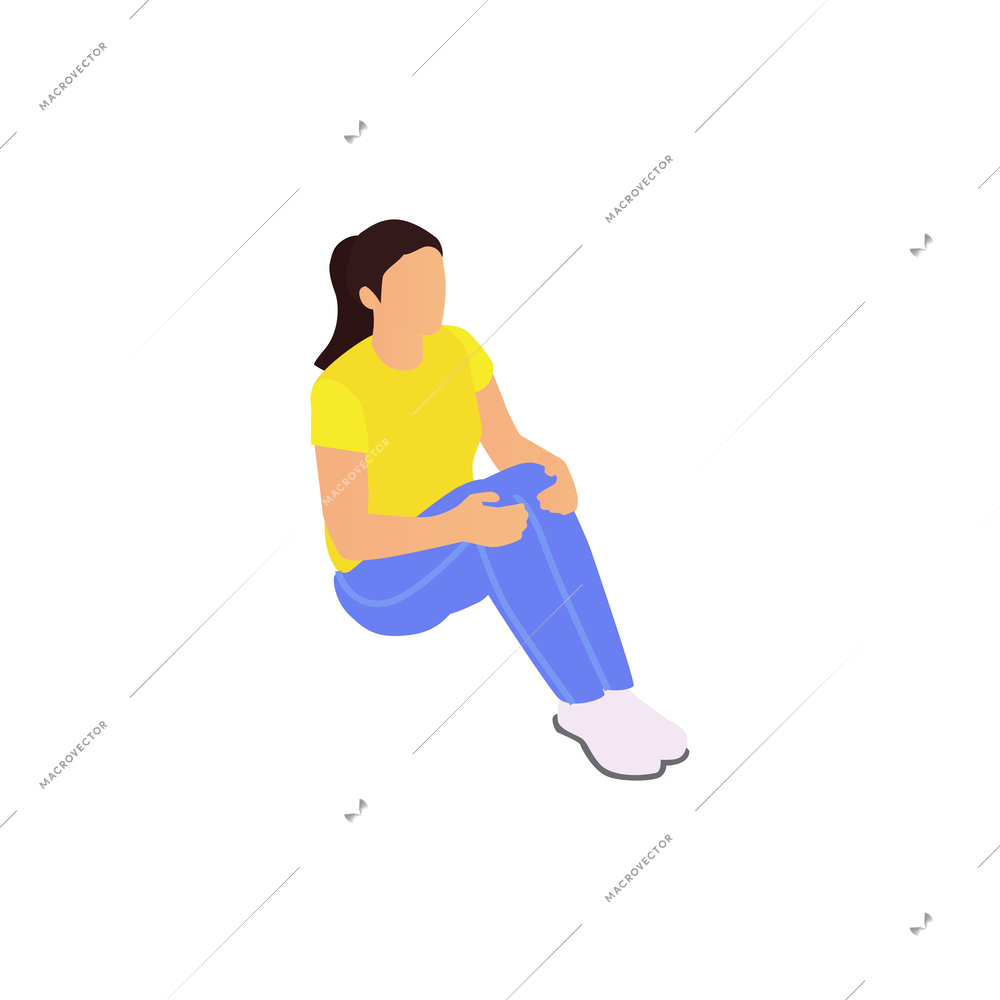 Sitting woman protester in yellow t-shirt and blue jeans isometric vector illustration