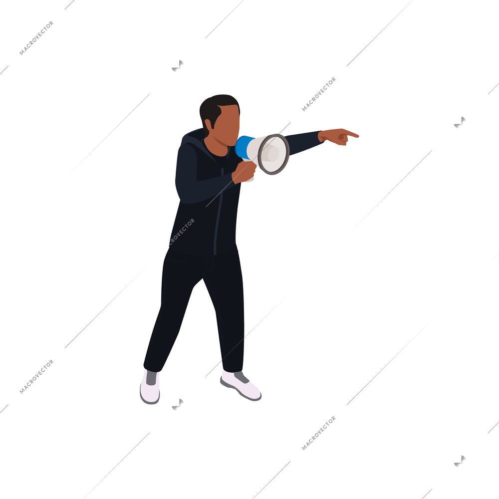 Public protest isometric icon of black man with loudspeaker vector illustration