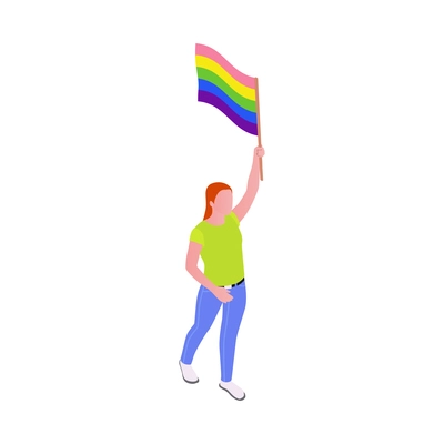 Woman holding lgbt flag above her head during public protest isometric vector illustration