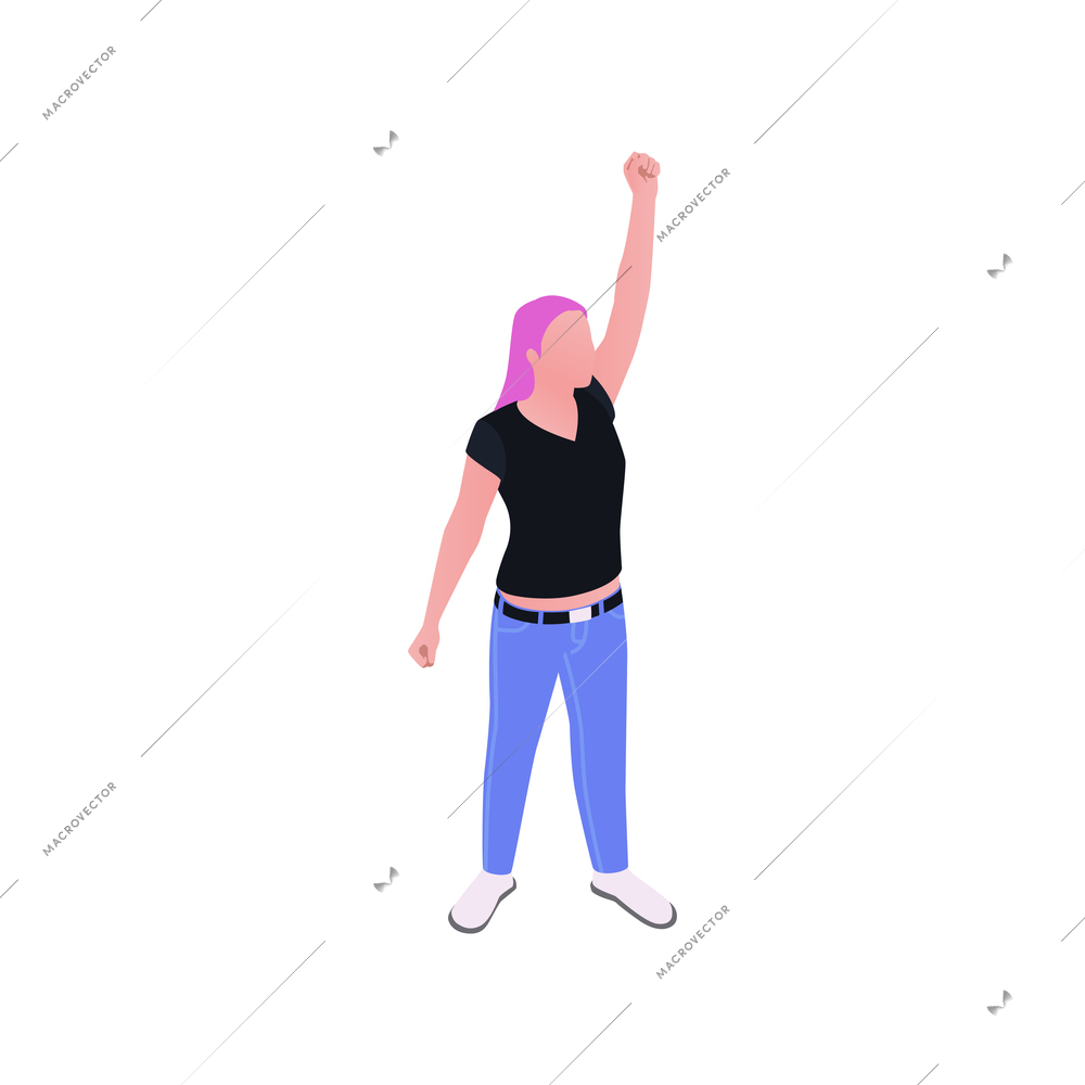 Lgbt protest icon of female character with pink hair on white background isometric vector illustration