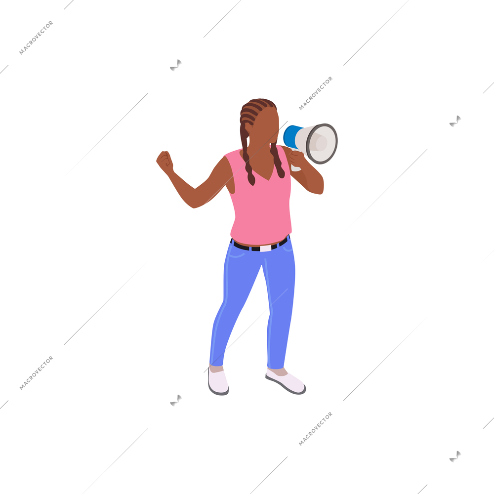 Isometric demonstration icon with black woman holding loudspeaker 3d vector illustration