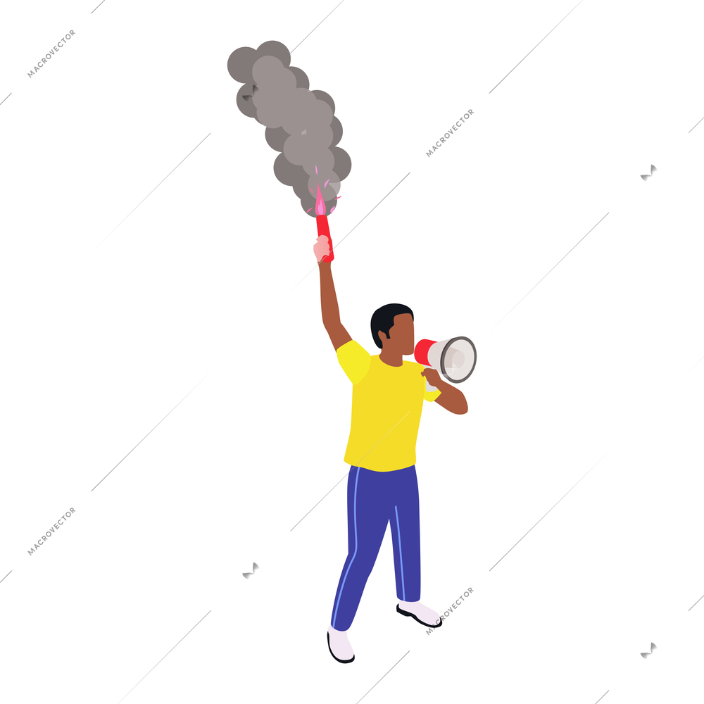 Public demonstration icon with man holding loudspeaker and torch isometric vector illustration