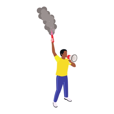 Public demonstration icon with man holding loudspeaker and torch isometric vector illustration