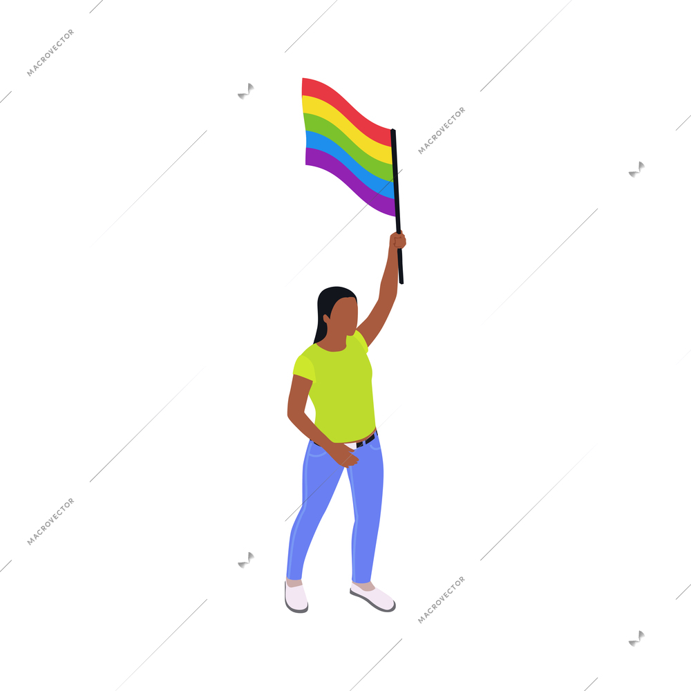 Black woman with lgbt flag participating in street protest isometric vector illustration