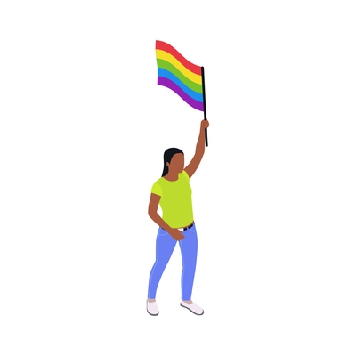 Black woman with lgbt flag participating in street protest isometric vector illustration