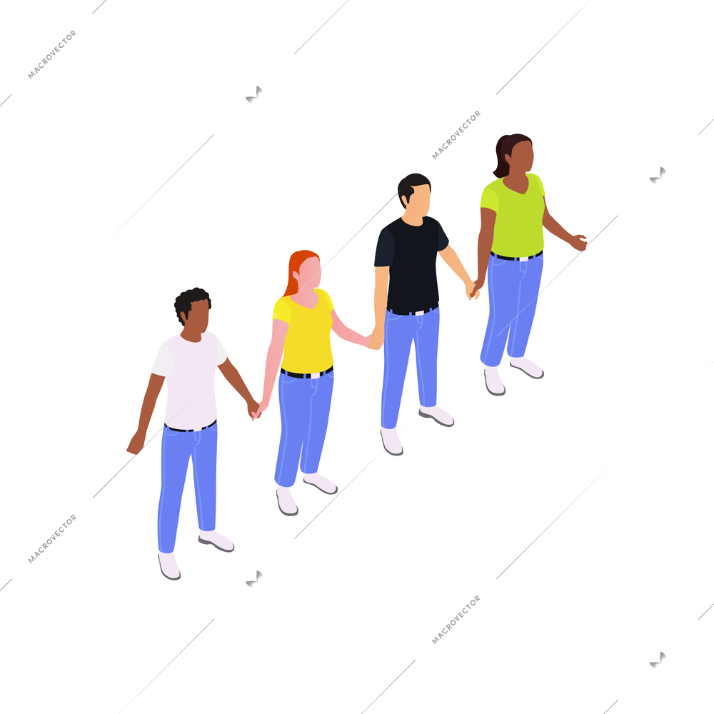 Isometric icon with public protesters holding hands on white background vector illustration