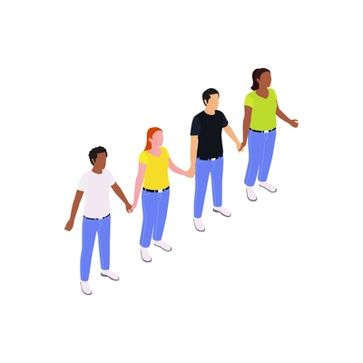 Isometric icon with public protesters holding hands on white background vector illustration