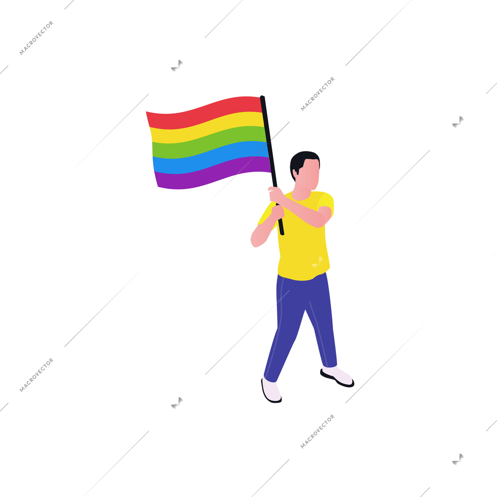 Public lgbt protest icon with man waving flag isometric vector illustration