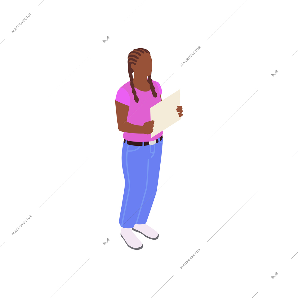 Public protest icon of black woman with poster isometric vector illustration