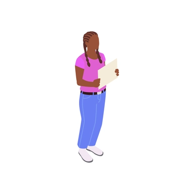 Public protest icon of black woman with poster isometric vector illustration