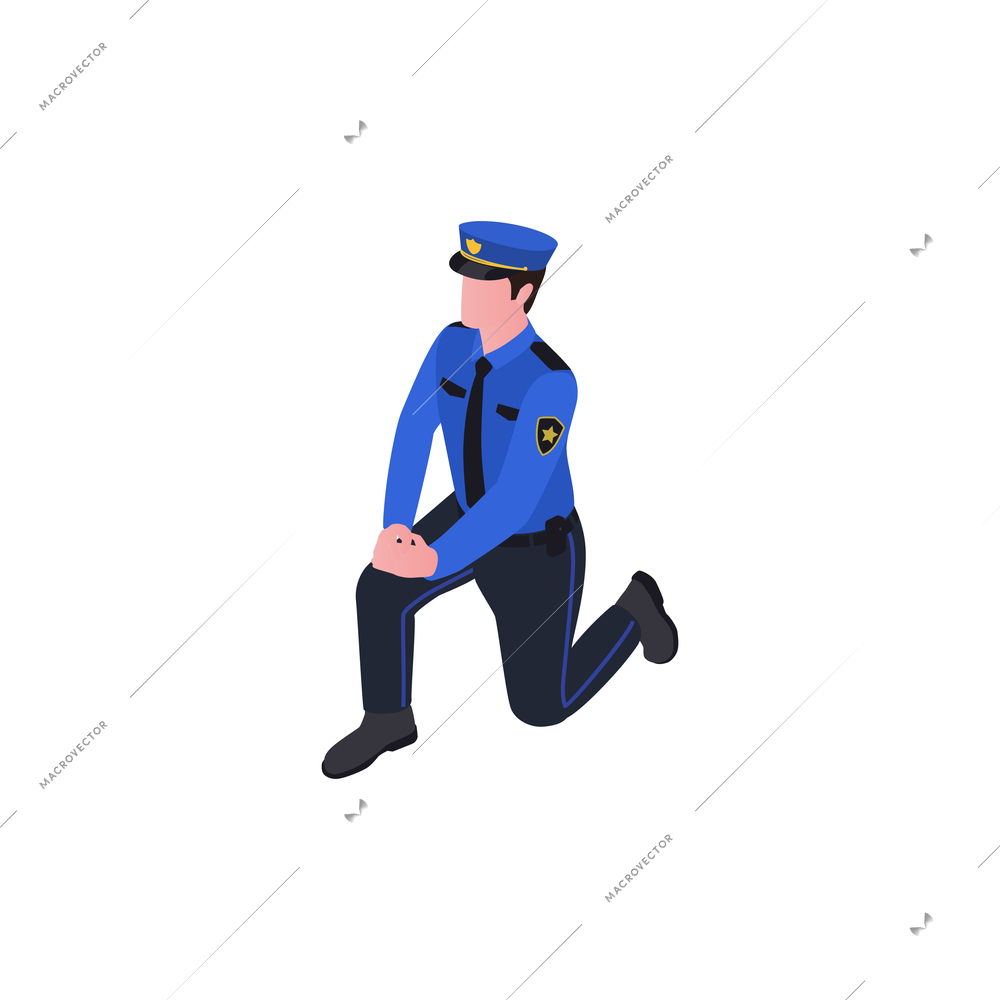 Police officer taking knee showing solidarity to protesters isometric vector illustration