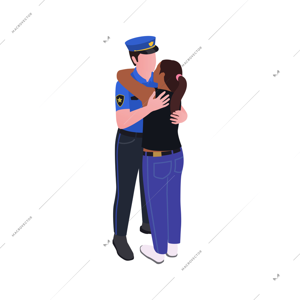 Isometric icon of policeman hugging black woman during public protest vector illustration