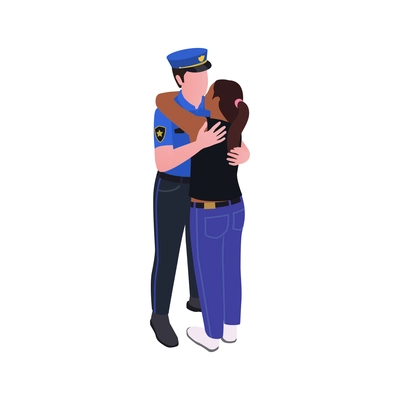 Isometric icon of policeman hugging black woman during public protest vector illustration