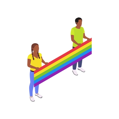 Public protest isometric icon with man and woman holding lgbt flag vector illustration