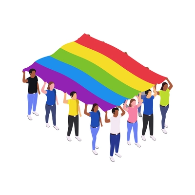 Public protest icon with crowd of people holding lgbt flag 3d isometric vector illustration