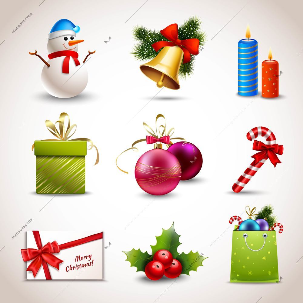 Christmas holiday decoration realistic icons set isolated vector illustration