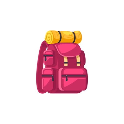 Pink backpack with yellow sleeping bag on white background cartoon vector illustration