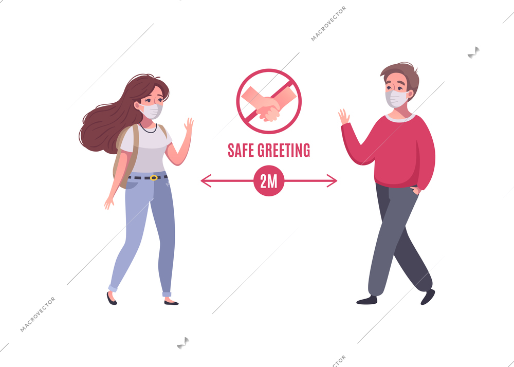 Social distance concept with two people wearing masks greeting each other safely cartoon vector illustration