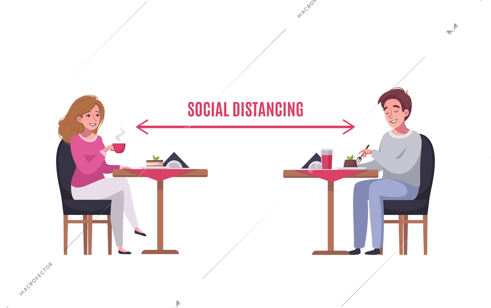 Social distance cartoon concept with two people keeping safe space at cafe vector illustration