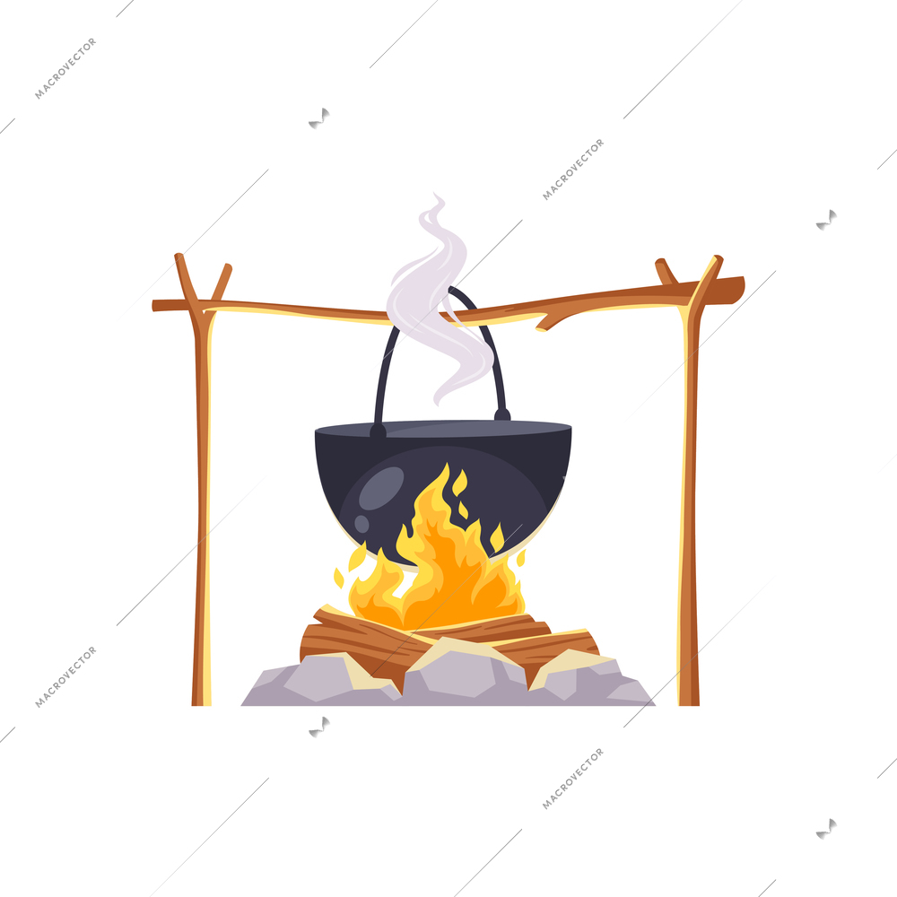 Cartoon stone camp fire with boiling pot vector illustration