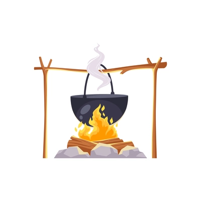 Cartoon stone camp fire with boiling pot vector illustration