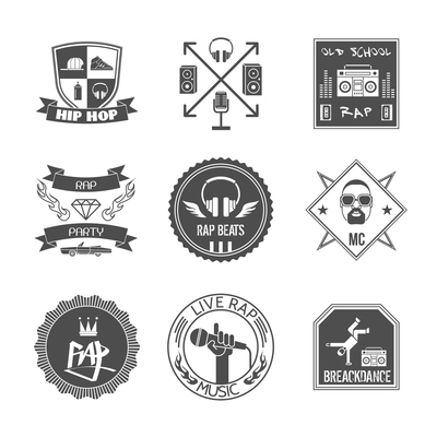 Rap music hip hop party beats label set isolated vector illustration