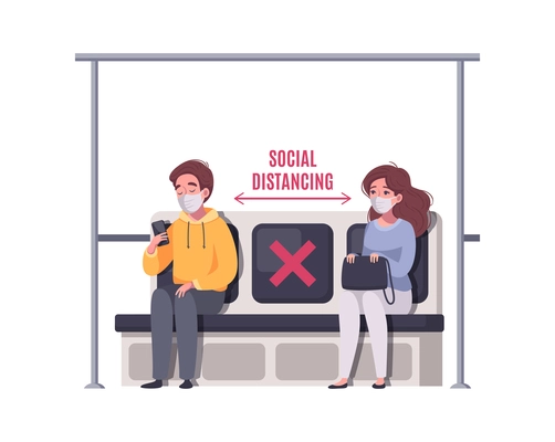 Social distancing cartoon concept with two passengers in masks in metro vector illustration