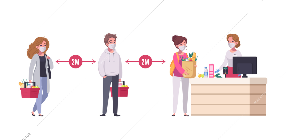 People keeping social distance in supermarket queue cartoon vector illustration