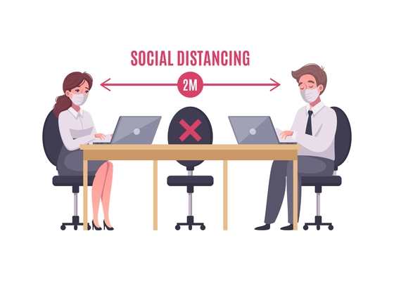 Social distancing in office cartoon concept with two workers in masks vector illustration