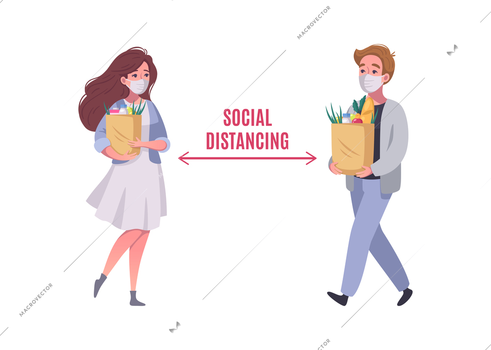 Social distancing in supermarket with two customers in masks cartoon vector illustration