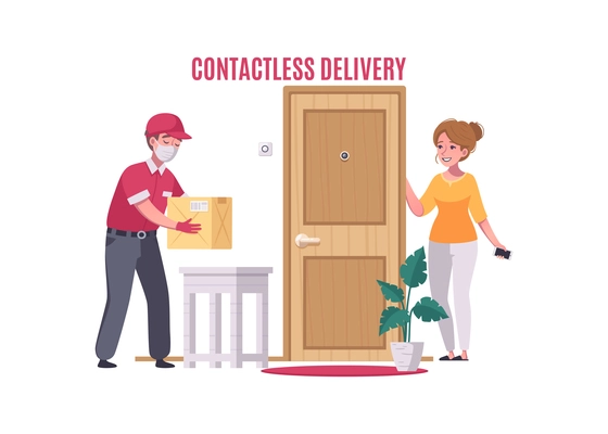 Contactless delivery service with courier and customer cartoon vector illustration