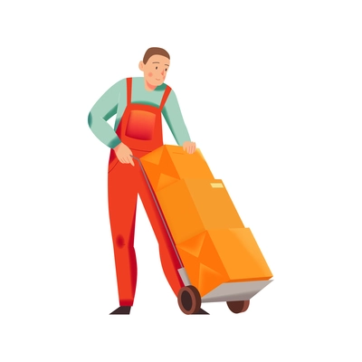 Delivery service icon of man courier and trolley with boxes flat vector illustration