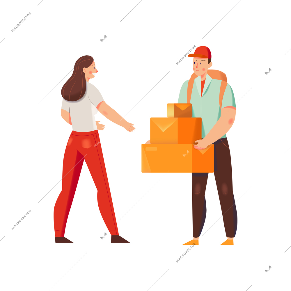 Flat delivery service worker giving boxes to customer vector illustration