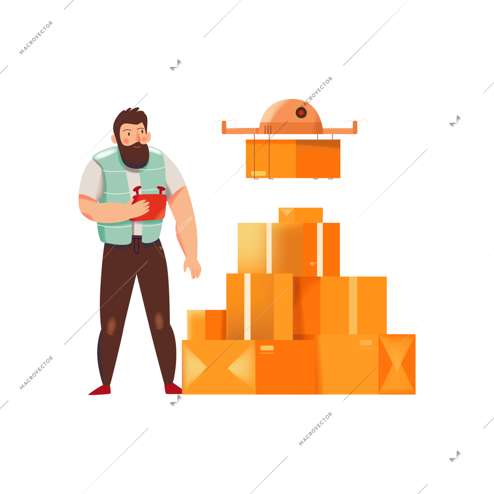 Delivery man using drone for delivering boxes flat vector illustration