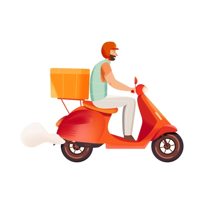 Male courier on motobike delivering goods flat vector illustration